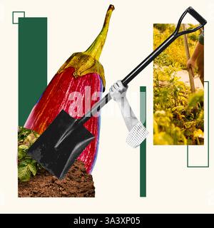 Hand mit Schaufel, übergroße Auberginen, die in reichem Boden wachsen, landwirtschaftliche Umgebung. Zeitgenössische Kunstcollage. Begriff Landwirtschaft, Landwirtschaft Stockfoto