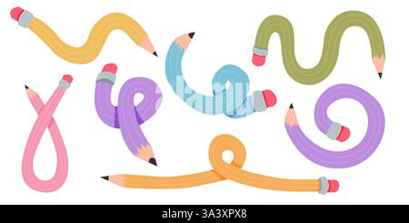 Verdrehter, gekrümmter Comic-Bleistift, der skizzenhaft kritzelnd ist. Linie Hand gezeichnet einfacher Bleistift. Flippiges flexibles Schulmaterial. Trendiges Schreibwerkzeug. Vektorabbildung Stock Vektor