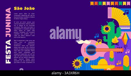 Festa Junina Poster mit geometrischem Muster. brasilianisches Karnevalsbanner im Sommer mit Ikonen aus Musik, Laternen, Blumen, Hüten und Fahnen. Geometrisches Banner Stock Vektor