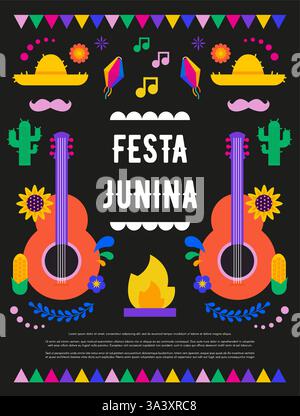 Festa Junina. Vektorabbildungen. Musikfestival. Einfache, minimalistische Symbole. Festliches Banner, Poster, Cover. Stock Vektor