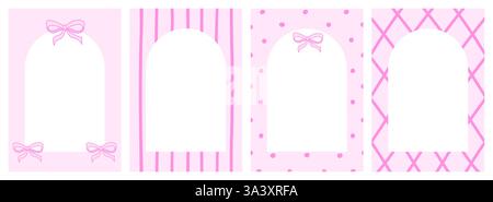 Coquette Grußkarten-Vorlagen mit Bögen. Niedliche Vektor-Illustration von Bogenrahmen auf rosa gestreift, Punkte Hintergrund. Handgezeichnete Mädchenschleifen Briefschreiben Schreibwaren. Stock Vektor