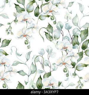 Weiße Orchideen und Eukalyptusfugenmuster in weicher Aquarellfarbe isoliert. Zarte stechpalmenblätter und wellige Zweige handbemalt. Blumendesign an Stockfoto