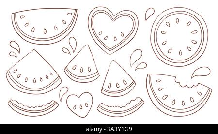 Wunderschönes Wassermelonen-Set. Strichgrafik-Illustration mit verschiedenen stilisierten Wassermelonenscheiben und -Formen. Sammlung verschiedener Wassermelonenformen, einschließlich Stock Vektor