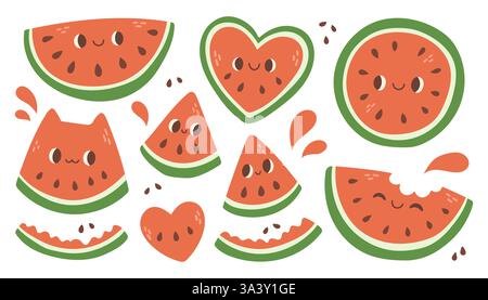 Niedliches Set mit Wassermelonen in Zeichentrickfilm. Lustige Wassermelonen schneiden Charaktere. Niedliche Sommerparty mit Obst. Comic Wassermelonen Vektor Set. Illustration von Früchten Stock Vektor
