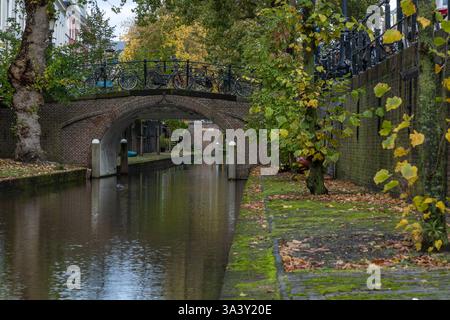 Nieuwegracht und Brücke. Die Nieuwegracht ist einer der berühmtesten Kanäle im Stadtzentrum der niederländischen Stadt Utrecht. Stockfoto