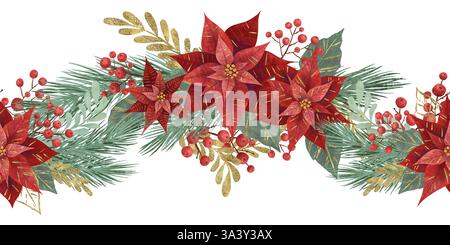 Nahtlose Grenze mit einer roten Weihnachtsblume, Tannenzweigen, Vegetation und Beeren auf weißem Hintergrund. Konstruktionselement Stockfoto