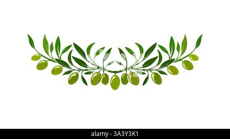 Olivenkranz. Vektor-Ornament mit grünen Blättern, frischen Früchten auf weißem Hintergrund. Organisches italien-Muster, Naturgrenze. Extra natives Öl, Kochzeit Stock Vektor