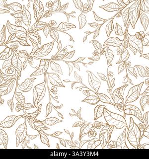 Nahtloses Muster. Tee lineare Zweige, goldene Blätter, Blüte in Blüte. Garten mit Blumengrafik auf weißem Hintergrund. Vintage-Hochzeitsdruck, elegante Tapete Stock Vektor