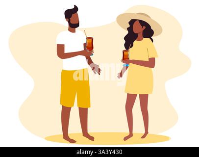 Junges Paar genießt erfrischende Getränke an einem sonnigen Sommertag in einer hellen, fröhlichen Umgebung im Freien. Frau und Mann Stock Vektor