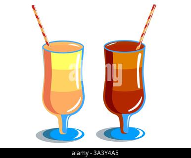 Farbenfrohe Sommergetränke in Gläsern mit Strohhalmen mit fruchtigen Aromen und lebhaften Designs, die an einem sonnigen Tag am Strand oder am Pool genossen werden Stock Vektor