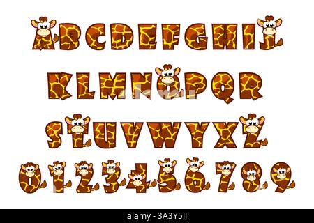 Giraffe Schriftzug. Zeichentrickset. Alphabet mit Tiermuster. Zoobuchstaben und Zahlen für Kinder Stock Vektor