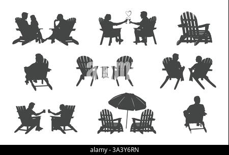 Paare sitzen im Adirondack Stuhl Vektor, Familie sitzend im Adirondack Stuhl Vektor, Adirondack Stuhl Silhouette, Stuhl Silhouette. Stock Vektor