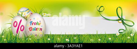 Natürliche Ostereier Prozent Ostern Papier Frühlingsbanner deutscher Text Frohe Ostern, Übersetzung Happy Easter. Stockfoto