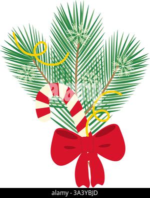 Kiefernzweige gestreifte Candy Cane Schneeflocken Schlangendekor Rote Schleife gebunden Weihnachtskomposition Konzept. Isolierte Vektor-Illustration Neujahrsgruß Thematische Karten, Poster oder Web Promo Banner, Faltblatt Stock Vektor