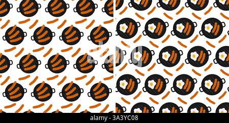 Gusseiserne Grillpfanne Bratwürste Bratwurst Bratteiggebratene Eier mit Eigelb nahtloses Muster Lebensmittel Hintergrund Idee Set 2. Isolierte Vektor-Illustration kulinarisches Poster, Menükarte, Broschüre, Preis, Etikett oder Web-Werbebanner Stock Vektor