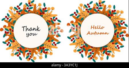 Vielen Dank Hallo Herbst handgezeichneter Schriftzug Kreisnotiz Papier Herbstblätter Kreisförmige Kränze Set 2. Isolierte Vektor-Illustration thematische Grußkarten, Poster, Preisschild, Etikett oder Web-Werbebanner Stock Vektor