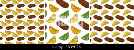 Zimtstab Orange Zitrone Limettenscheiben nahtloses Muster Pop Art Zitrusfrüchte Hintergrund Idee Set 3. Isolierte Vektor-Illustration Wallpaper Web Promo Banner, Faltblätter, Poster, Broschüre, Preis, Etiketten Stock Vektor