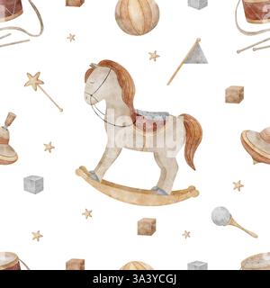 Nahtlose Pferdeschwinge mit Vintage-Spielzeugoberteil, Ball und Trommel. Aquarellabbildung auf weißem Hintergrund im Retro-Stil zum Drucken auf Kindermotiven Stockfoto