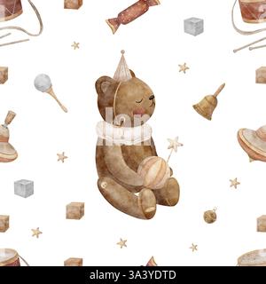 Vintage-Spielzeug mit nahtlosem Muster Teddybär. Aquarellabbildung auf weißem Hintergrund im Retro-Stil zum Drucken auf Textilien, Stoffen, Verpackungen Stockfoto