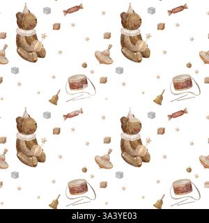 Teddybär-Partymütze mit Aquarellmuster und Vintage-Spielzeug. Nahtloser Kinderdruck handgezeichnete Illustrationen im Cartoon-Stil auf weißem Hintergrund für Stockfoto
