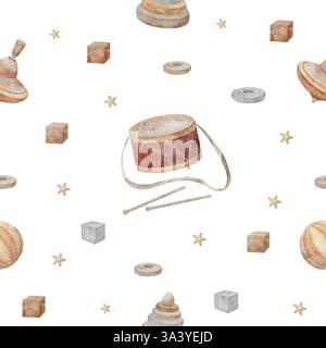 Vintage-Spielzeug-Top mit nahtlosem Muster, Ball, Trommel, Pyramide, Würfel. Aquarellabbildung auf Hintergrund im Retro-Stil zum Drucken auf Kinder Stockfoto