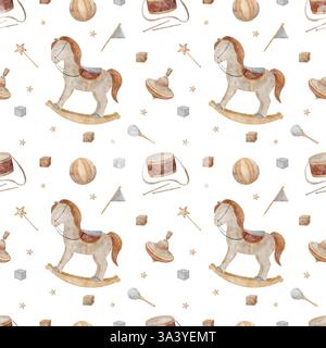 Pferdeschwinge mit Aquarellmuster und Vintage-Spielzeug-Top, Ball, Trommel, Würfel, Flagge, Sterne. Nahtloser Kinderdruck handgezeichnete Illustrationen auf Hintergrund Stockfoto