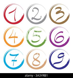 Satz von Symbolen und Logoelementen Zahlen 1 bis 9, mehrfarbig Stock Vektor