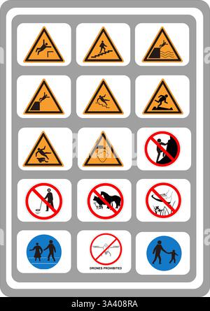 Eine Reihe von Gefahren- und Verbotszeichen in Irland Stockfoto
