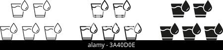 Trinkwasser und Trinkwasser regelmäßig Line und Silhouette Icon Set. Fünf Gläser Wasser Mit Tropfen. Bearbeitbare Kontur. Isolierter Vektor Stock Vektor