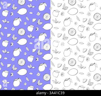 Zitronen aus Zitronen in Zitrone, ganze und geschnittene Scheiben mit nahtlosem Muster aus Blättern und weißen Blüten. Vektorgrafik-Linie Tinte Schwarz-weiß-Illustration auf tran Stock Vektor