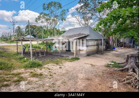 Altes Holzgebäude am Autobahnrand in Limones, Quintana Roo, Mexiko Stockfoto