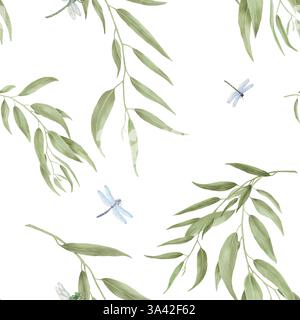 Ein Frühlingszweig mit grünen Blättern und Libellen mit durchsichtigen Flügeln. Aquarellabbildung in digitaler Form. Anmutige Äste auf einem nahtlosen Muster, Stockfoto