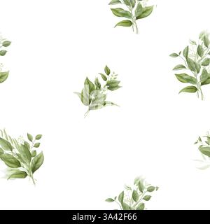 Grüne Zweige mit anmutigen Blättern in einem Blumenstrauß, nahtloses Muster. Digitale Aquarellabbildung. Eukalyptusweidenzweige auf weißem Hintergrund. Bo Stockfoto
