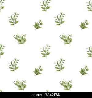 Grüne Zweige mit anmutigen Blättern in einem Blumenstrauß, nahtloses Muster. Digitale Aquarellabbildung. Eukalyptusweidenzweige auf weißem Hintergrund. Bo Stockfoto