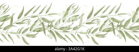 Anmutige Weiden- und Eukalyptuszweige, nahtlose horizontale Grenze. Digitale Aquarellabbildung. Bambuszweige und ein Olivenbaum auf einem weißen bac Stockfoto