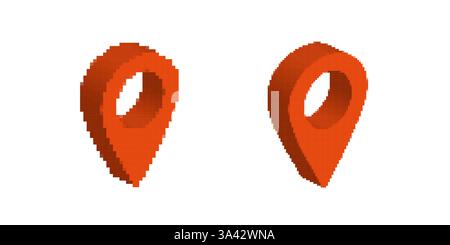 Zwei einfache orangefarbene Pixelbilder zeigen entgegengesetzte Richtungen mit offenen Mittelpunkten Stock Vektor