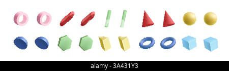 Farbenfrohe geometrische Formen verschiedener Formen, einschließlich Kegel und Kugeln in einem einzigartigen Muster Stock Vektor