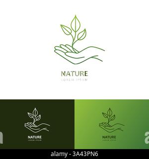 Symbol für grünes Blatt auf menschlicher Hand, Design-Vorlage für Logozeichen. Illustration der Pflanze mit Vektorwachstum. Markenlabel für Hautpflege, Maniküre, Bio-Kosmetik c Stock Vektor