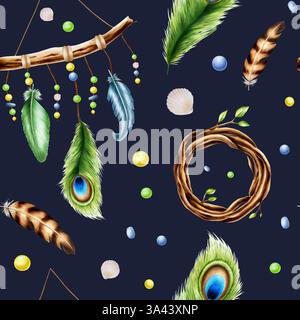 Nahtloses Muster mit ethnischem Holz Traumfänger Anhänger, Muscheln, Zweigkranz mit Frühlingsblättern und Pfauenfedern im Aquarellstil. Hand Stockfoto