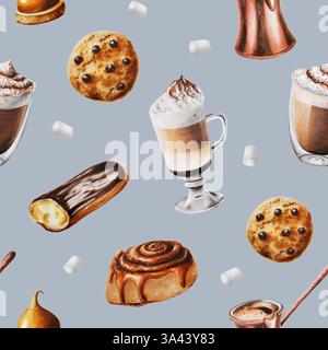 Nahtloses Muster mit Latte, Marshmallow, Schokoladeneklair, Keksen, Zimtbrötchen Illustration. Kaffee in einer Glasschale. Aquarellmalerei Stockfoto