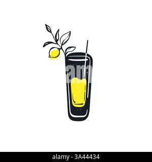 Ein Glas Limonade mit Strohhalm auf weißem Hintergrund. Symbol für handgezeichnete Vektorskizze. Kaltes Limonaden-Getränk im Sommer. Erfrischende Zitrus-Cocktai Stock Vektor