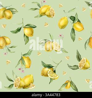 Aquarell nahtloses Muster mit Illustration von ganzen und halben Zitronen mit rosa Blüten. Handgemalter Druck mit Zitruszweig mit grünen Blättern Stockfoto