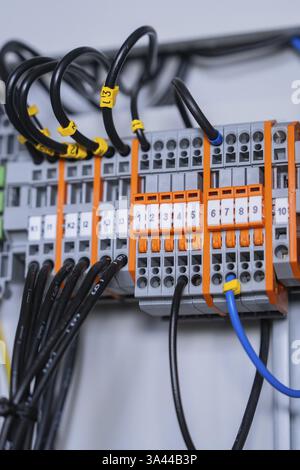 Detailansicht der einzelnen Leistungsschalter in einer größeren elektrischen Anlage, professionelle Technologie erkennbar, Schaltschrankkonstruktion, PV-Anlage Stockfoto