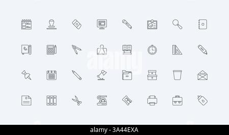 PIN-Ordner und Büroklammern, Ordner mit Dokumenten und Umschlag, Schere, Zwischenablage dünne schwarze Umrisssymbolvektorillustration. Bürobedarf und -Ausrüstung, Schulbedarf Line-Symbolsatz Stock Vektor