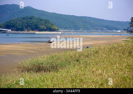 Gwangyang, Südkorea - 3. Oktober 2021: Besucher erkunden die exponierten Gezeitenebenen im Baealdo Waterfront Park mit einem gestrandeten Boot auf dem W Stockfoto
