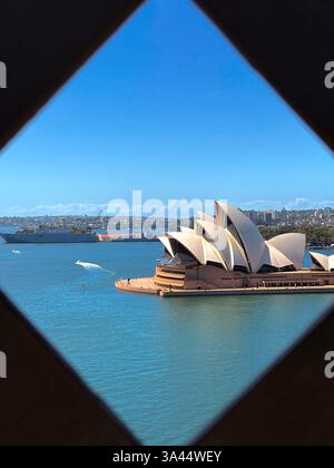 Das Opernhaus von Sydney ist an einem hellen Tag von Stahlträgern der Sydney Harbour Bridge eingerahmt. Stockfoto