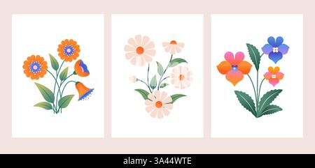 Gänseblümchen und Wildblumen botanische Illustration Stock Vektor