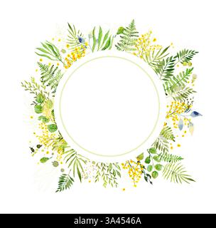 Runder Rahmen mit Aquarell-Mimosa-Zweigen. Handzeichnung. Keine Illustration des AI-Vektors. Stock Vektor