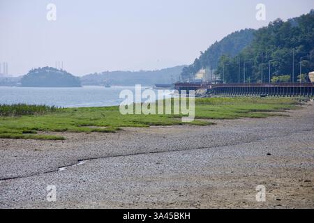 Gwangyang City, Südkorea - 3. Oktober 2021: Ein Blick auf die Wattenmeere entlang des Seomjin River, mit einem Fußgängerweg, der parallel zur WA verläuft Stockfoto