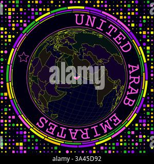 Futuristische VAE auf dem Globus. Helles Neon-Satellitenbild der Welt mit Fokus auf die VAE. Stock Vektor